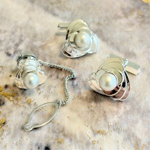 Vintage 925 Sterling Silver Gray Pearl Cufflinks Tie Pin Matching Set Estate MCM
